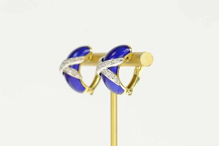 18K Yellow Gold Blue Enamel Diamond Criss Cross Statement Earrings
