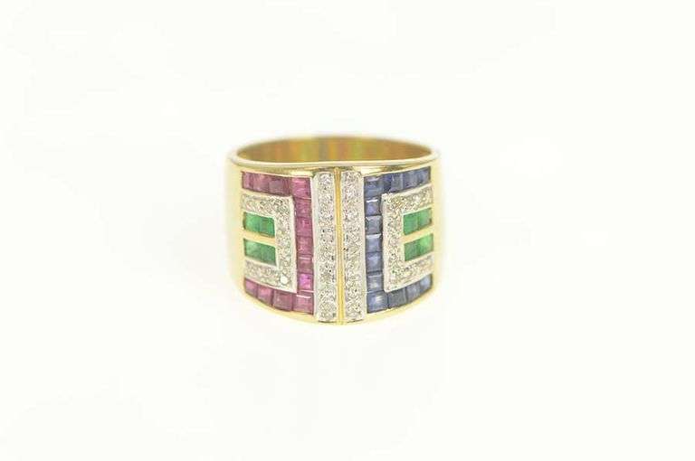 18K Yellow Gold 4.29 Ctw Diamond Ruby Sapphire Statement Ring