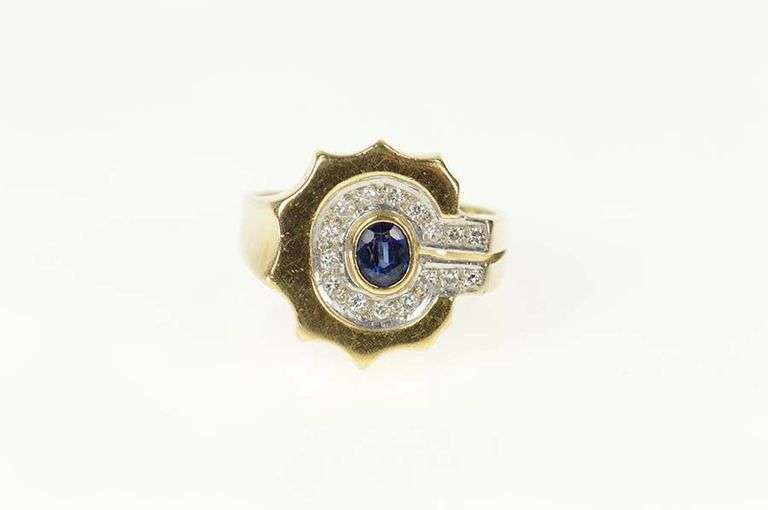 14K Yellow Gold Oval Sapphire Diamond Scalloped C Statement Ring