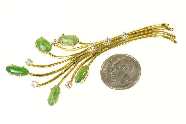 18K Yellow Gold Jade Diamond Retro Tree Statement Pin/Brooch