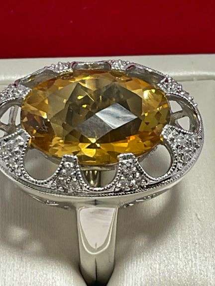 CERTIFIED NEW 14K WHITE GOLD DIAMOND AND CITRINE RING