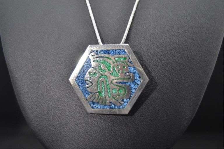 Aztec Mexican .925 Silver Natural Turquoise Inlay Pendant