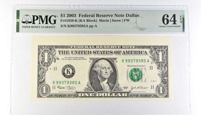 PMG 64 Choice Unc EPQ $1 2003 FRN Dallas Fr#1929-K Misalignment Error