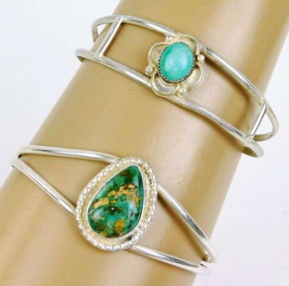 2 Vintage Navajo Sterling Turquoise Cuff Bracelets
