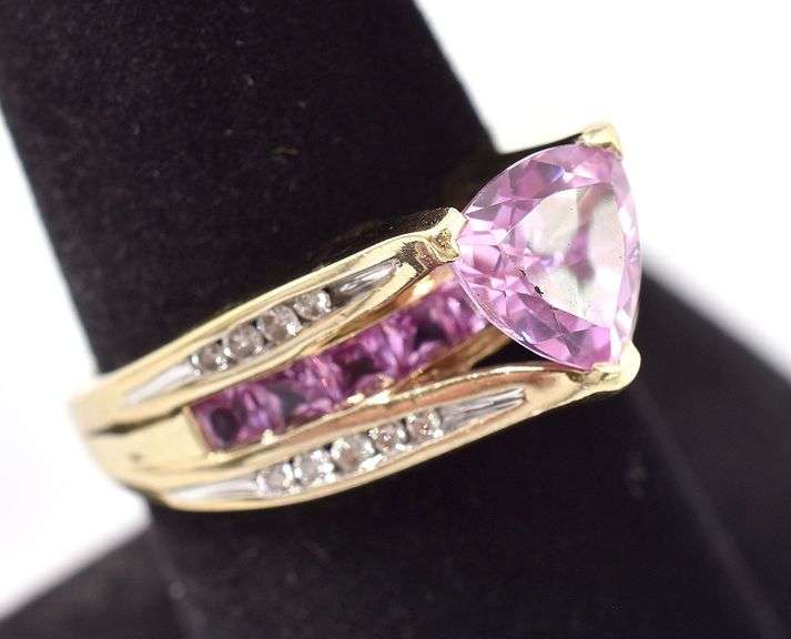 Enchanting 10K Yellow Gold Lab Created Pink Sapphire and Diamond Ring