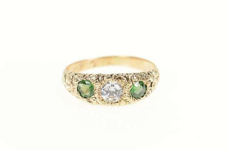 14K Yellow Gold Elaborate Scroll Syn. Emerald Cubic Zirconia Ring