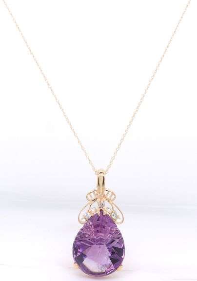 14kt Yellow gold fancy pear shaped amethyst and diamond pendant on chain necklace