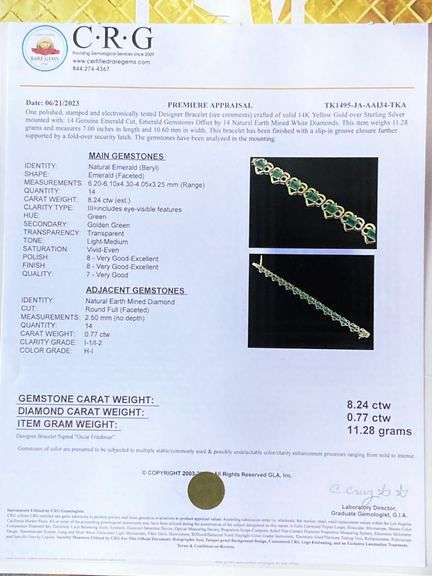 Fabulous 8.24CTW Natural Emerald & 0.77CTS Diamond Heart Bracelet in Gold Plated Sterling Silver