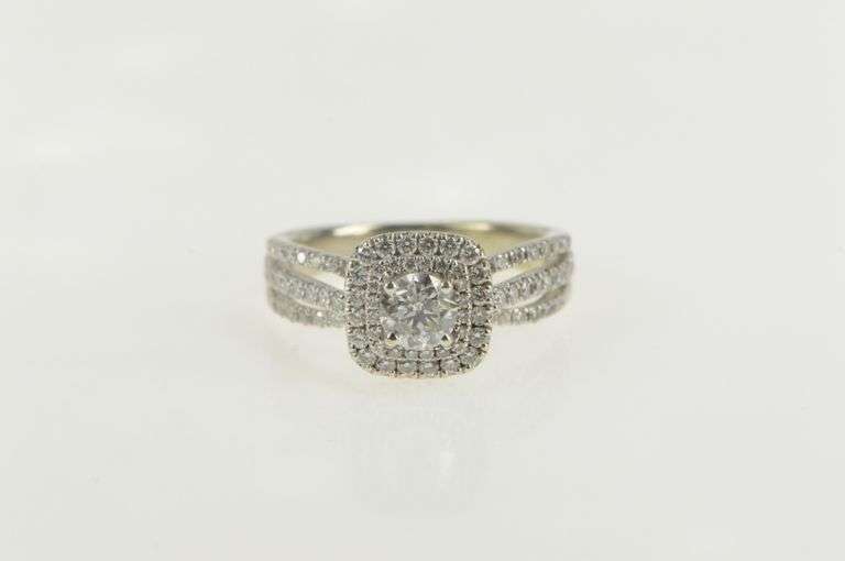 14K White Gold 0.79 Ctw Diamond Halo Cathedral Engagement Ring