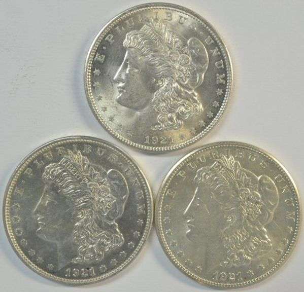 Super Choice BU 1921 P-D-S Morgan Silver Dollars. Fresh