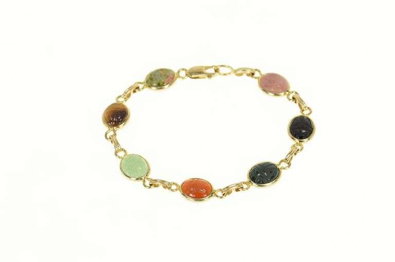 14K Yellow Gold Retro Egyptian Carved Scarab Chain Link Bracelet