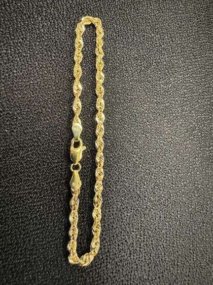 10k Yellow Gold Hollow Diamond-Cut Rope Link Chain 3mm Bracelet 7"