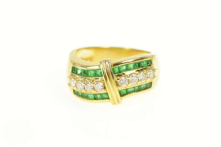 18K Yellow Gold 1.58 Ctw Emerald Diamond Wavy Band Ring