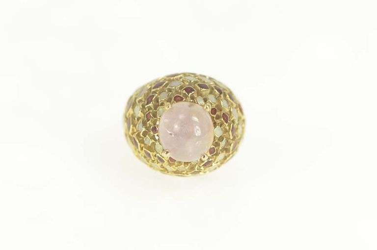 14K Yellow Gold Rose Quartz Opal Enamel Domed Cocktail Ring