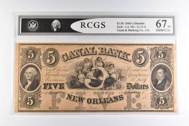RCGS Gem CU 67 PQ $5 1840s New Orleans, LA Canal & Banking Co Note