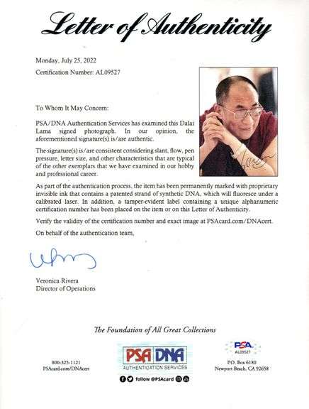 Dalai Lama Signed Custom Framed Photo Display
