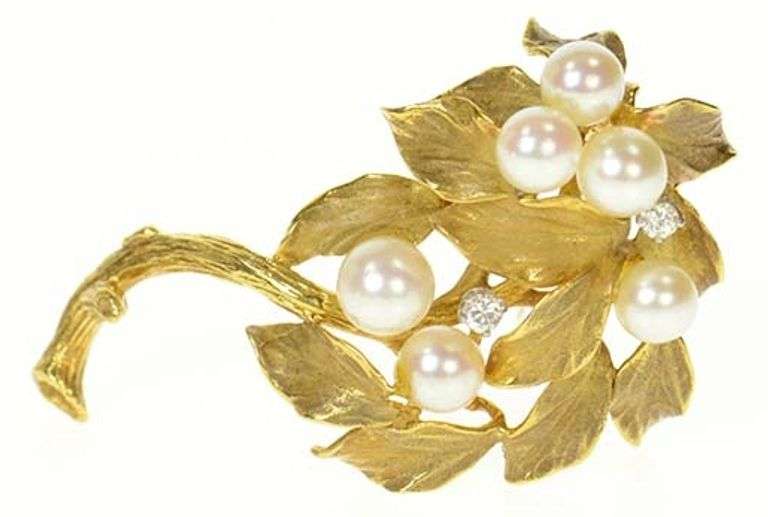 18K Yellow Gold Retro Ornate Pearl Diamond Tree of Life Pin/Brooch