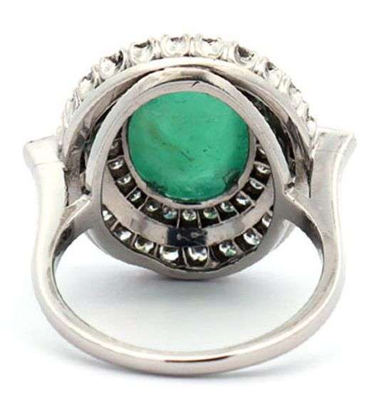 Vintage 5.00ct Emerald Cabochon and 1.25ctw Diamond Double Frame Ring in Platinum