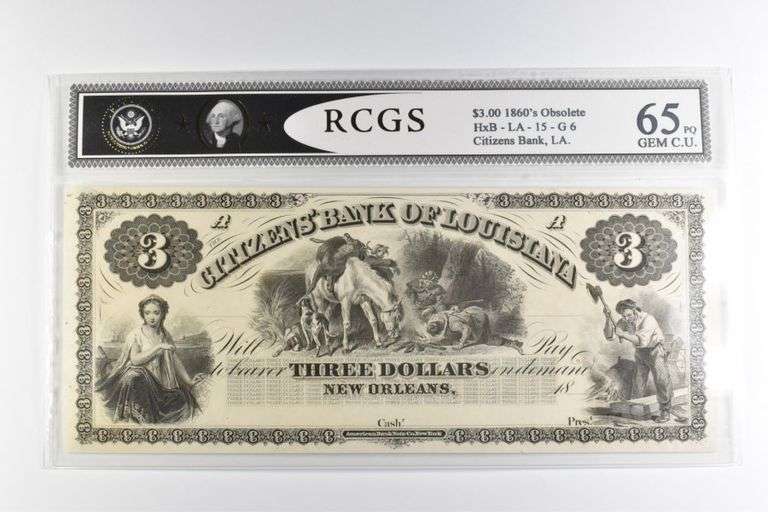 RCGS Gem CU 65 PQ $3 1860s New Orleans LA Citizens Bank Louisiana Note
