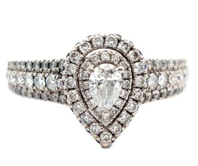 Vera Wang 1.00ctw Pear and Round Diamond Double Frame Engagement Ring in 14K W/Box