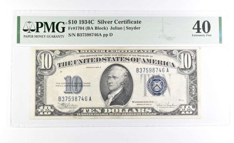 PMG 40 EF 1934 C $10 Silver Certificate Blue Seal Fr#1704