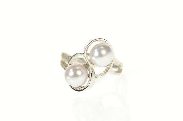 14K White Gold Ornate Pearl Two Stone Retro Statement Ring