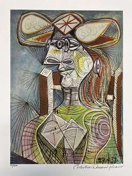 Collectible Pencil Numbered Pablo Picasso, Seated Woman on Wood Chair