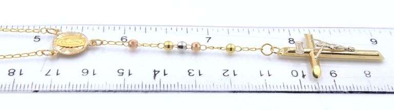 14kt Tri color gold beaded diamond cut Rosary necklace