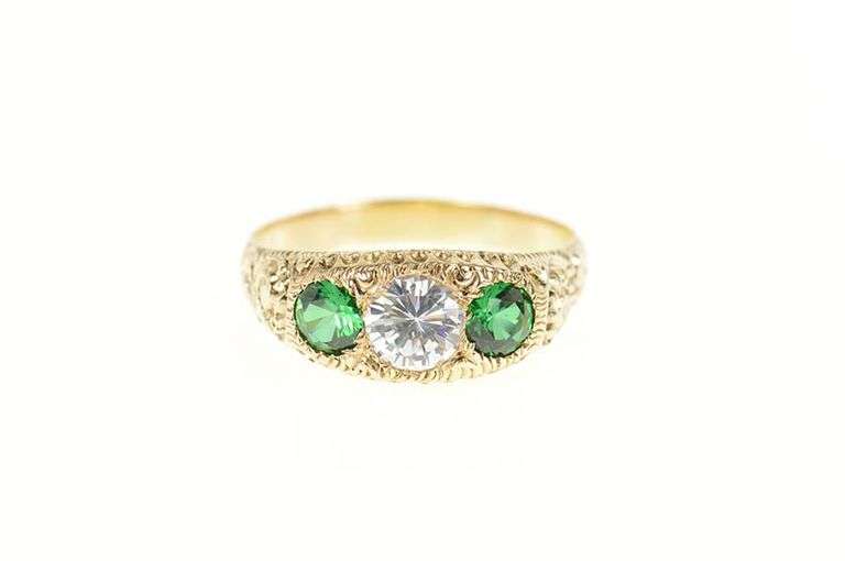 14K Yellow Gold Elaborate Scroll Syn. Emerald Cubic Zirconia Ring
