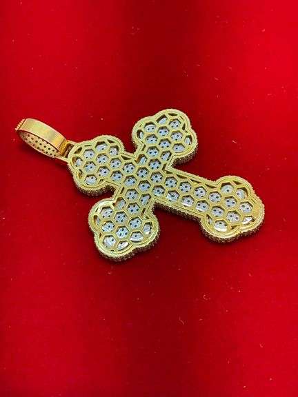 CERTIFIED 14K WHITE AND YELLOW GOLD DIAMOND CROSS PENDANT . 15.42 CARATS OF DIAMONDS