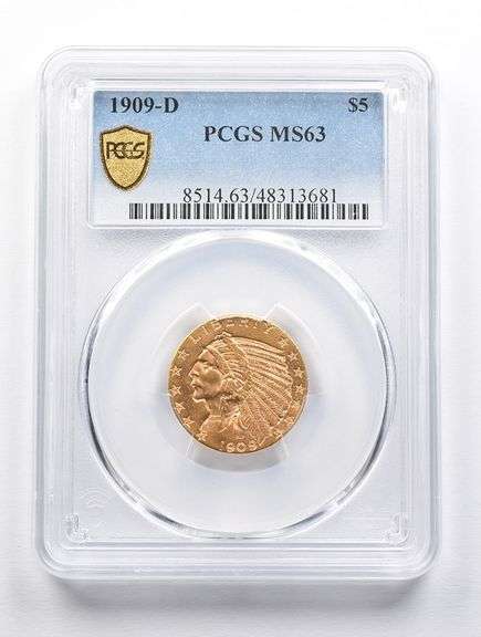 MS63 1909-D $5 Indian Head Gold Half Eagle PCGS