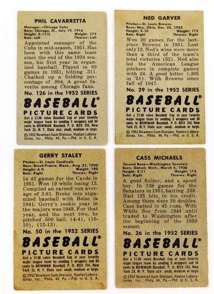 4 Bowman Gum 1952 Baseball Cards