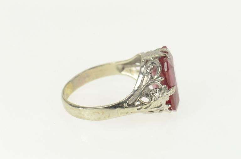 10K White Gold Art Deco Syn. Ruby Filigree Statement Ring