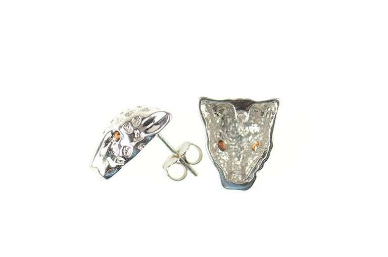 14K White Gold Ruby Eyed Leopard Cheetah Head Stud Earrings