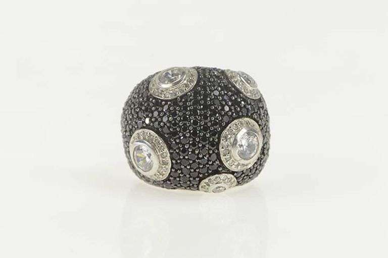 Sterling Silver Pave White & Black Cubic Zirconia Domed Ring