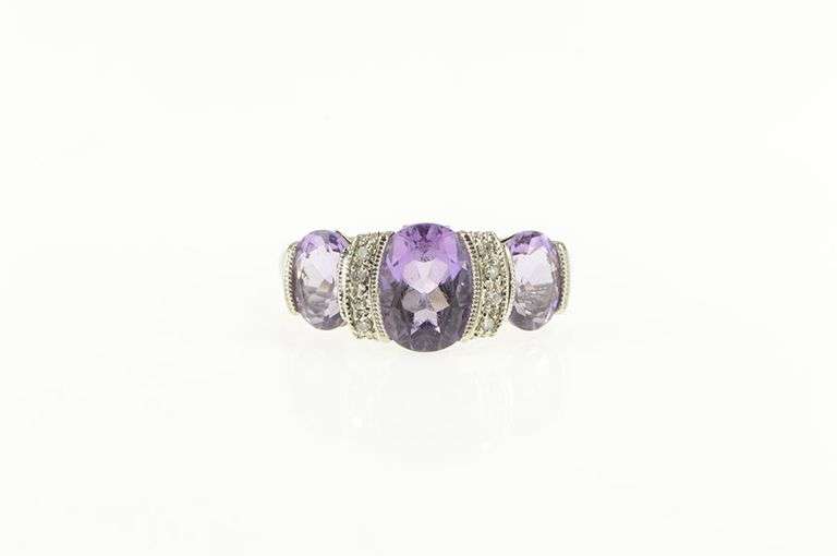 10K White Gold Oval Amethyst Diamond Ornate Statement Ring