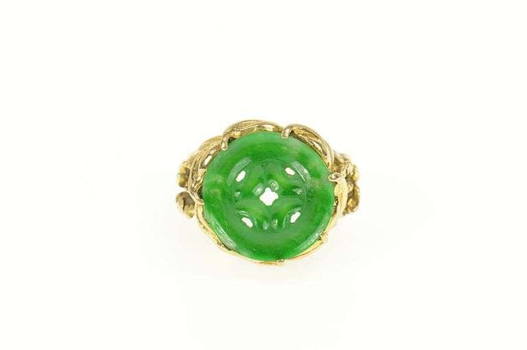 14K Yellow Gold Elaborate Carved Jade Circle Calla Lily Ring
