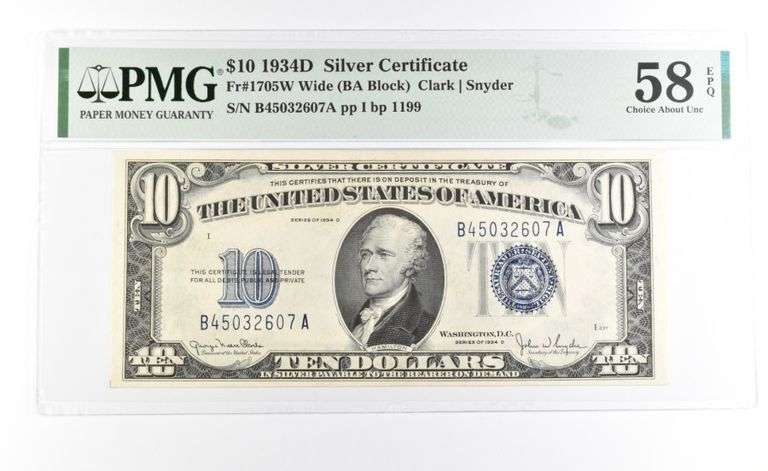 PMG 58 Choice AU EPQ 1934 D $10 Silver Certificate Blue Seal Fr#1705W