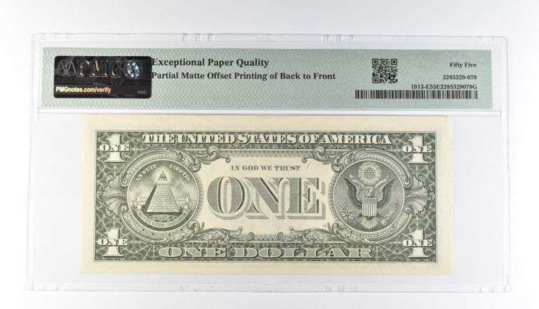 PMG 55 AU EPQ $1 1985 FRN Richmond Fr#1913-E Offset Printing Error