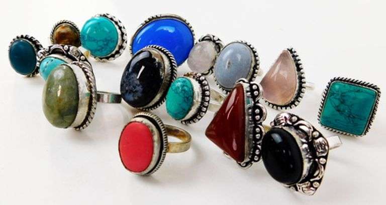 Lot of 15 Silver Semi-Precious Statement Rings