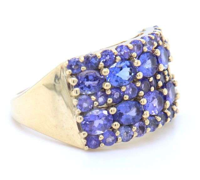14kt Yellow gold oval and round Tanzanite cluster wide band