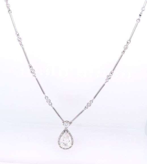 18kt White gold pear shaped laser treated in 0.75ctw bezel set diamond bar necklace