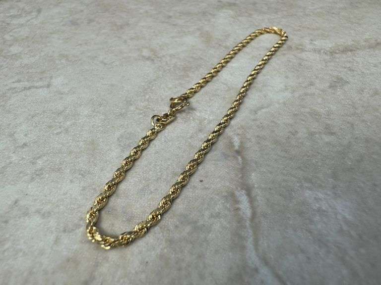 10k Yellow Gold Hollow Diamond-Cut Rope Link Chain 1.9mm Bracelet 7"