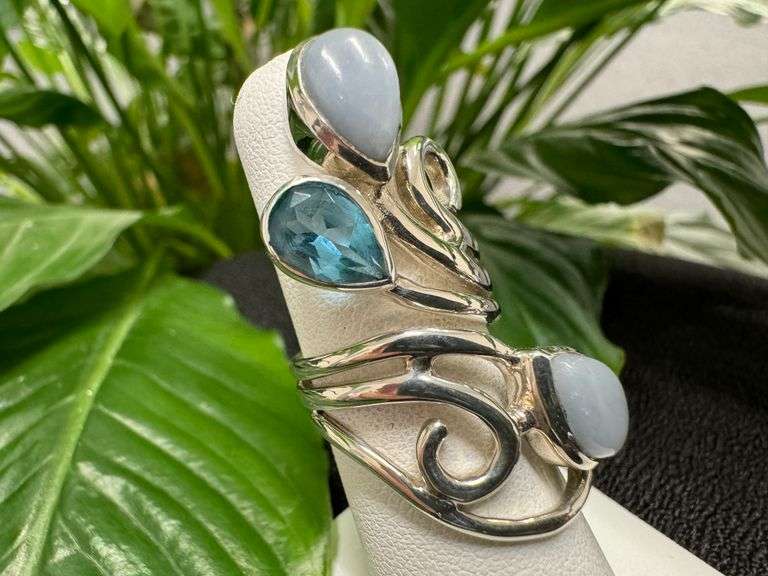 Sterling Silver Natural Gemstone Blue Topaz and Angelite Ring Size 6