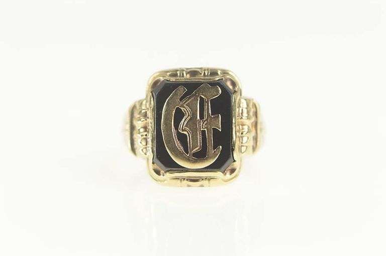 10K Yellow Gold Retro D G Monogram Name Black Onyx Ring