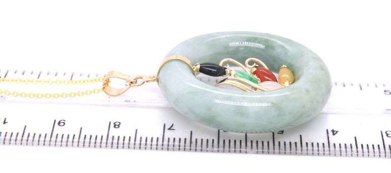 14kt Yellow gold multi color Jade bezel circle pendant on chain necklace