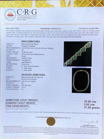 Spectacular 22.08CTW Emerald & 2.02CTW Diamond Heart Necklace in Gold Plated Sterling Silver