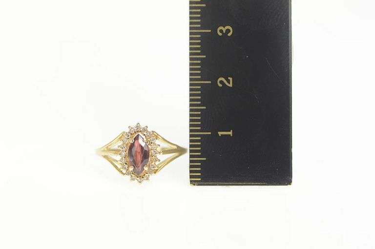 14K Yellow Gold Marquise Garnet Diamond Halo Engagement Ring