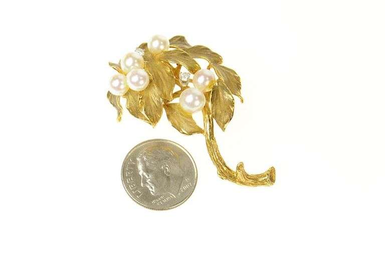 18K Yellow Gold Retro Ornate Pearl Diamond Tree of Life Pin/Brooch