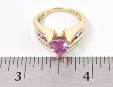 Enchanting 10K Yellow Gold Lab Created Pink Sapphire and Diamond Ring